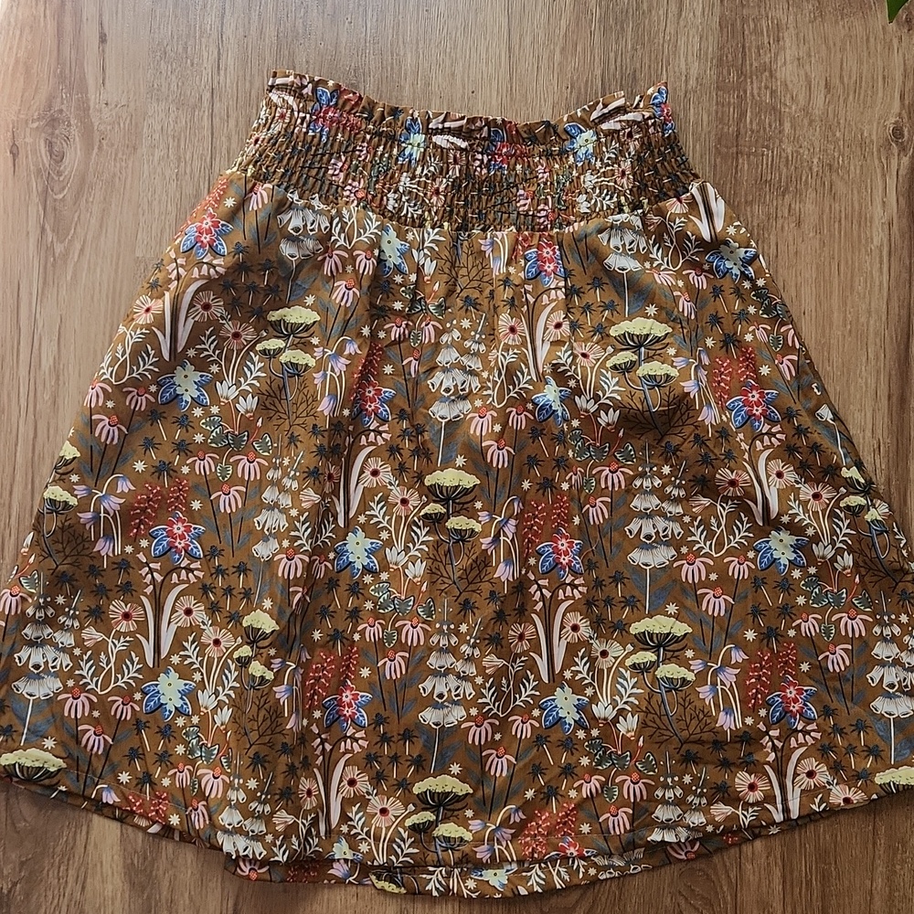 Boden Brown Floral Cotton Smocked Waist Skirt - Size US 4 (UK 8)
